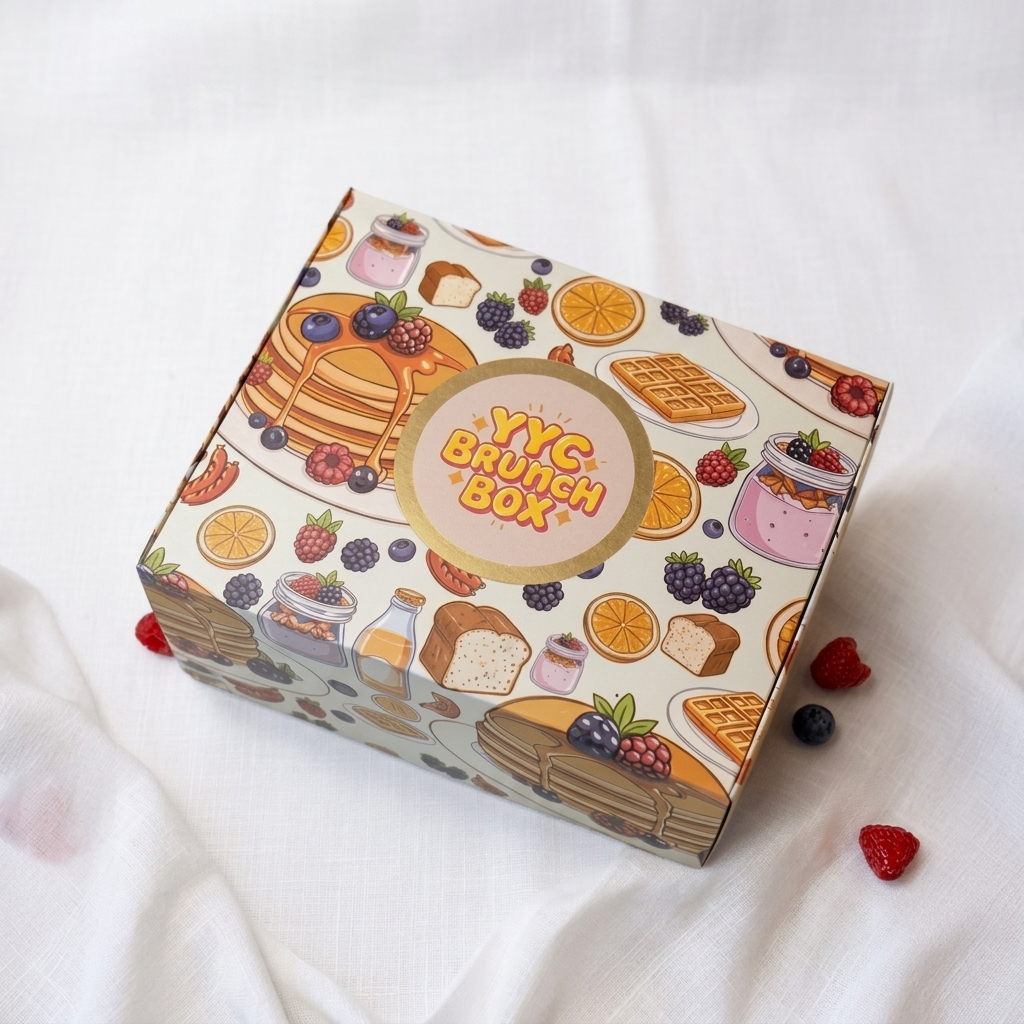Me and You Brunch Box with breakfast-themed illustrations on a white background, feeds 3 to 5.